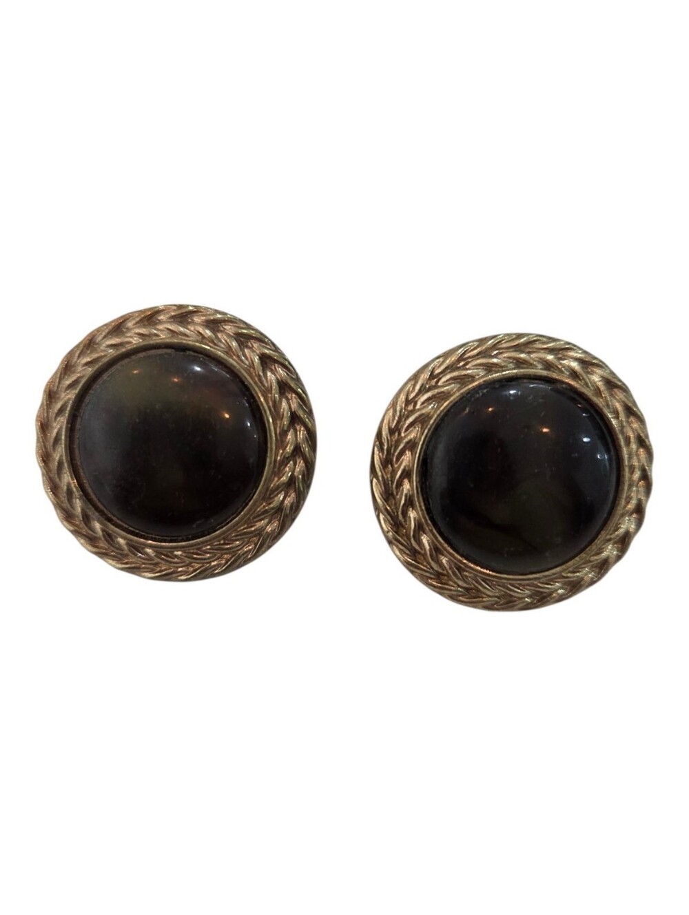 Vintage Gold Tone & Black Domed Cabochon Clip-On Earrings